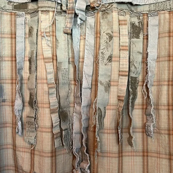 Upcycled patched over dyed fringe back sportsmen’s fish print plaid duster shirt